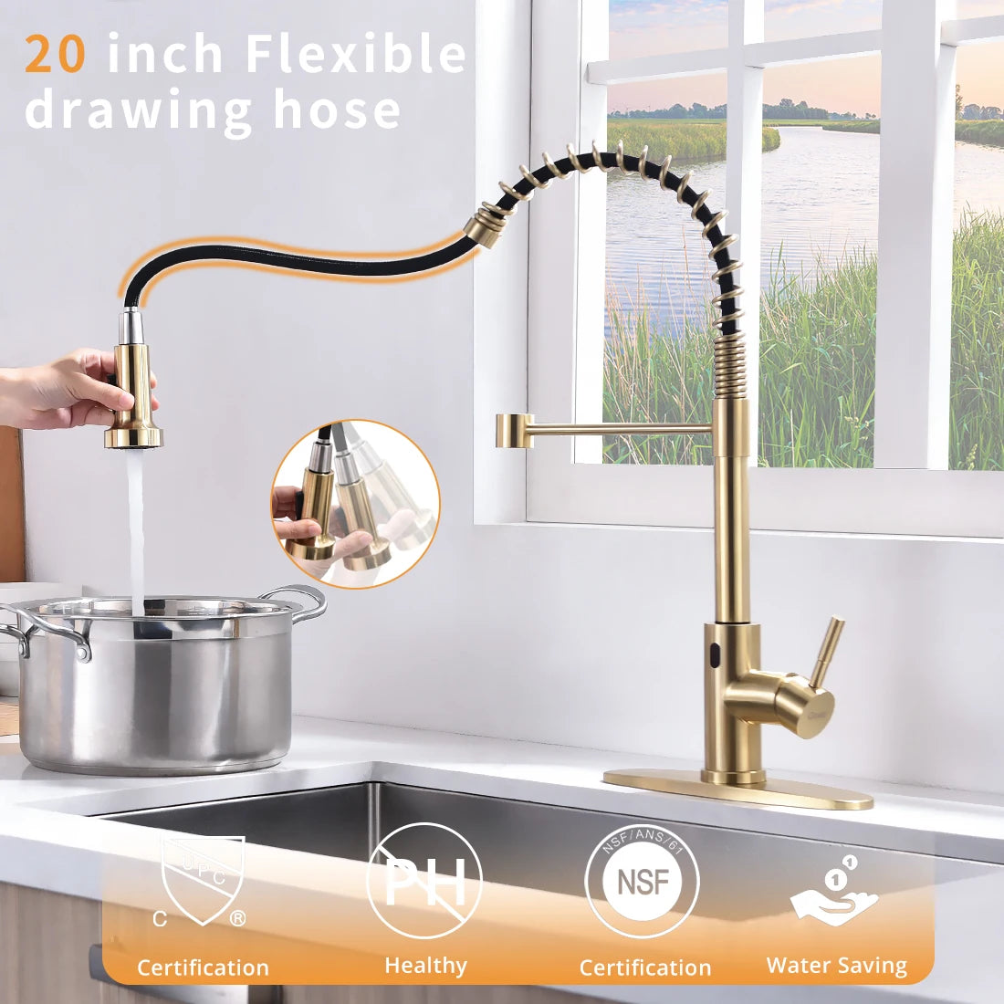 Luxury Single-Hole Kitchen Faucet Non-TOUCH Sensitive Gold Brass Ceramic Sink Faucet with Pull Sprayer Contemporary Design
