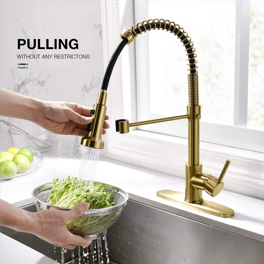 Single-Handle Contemporary Commercial Kitchen Tap Fast Delivery Brass Faucet Gold Metal Finish Ceramic Sink Faucet Spray Pull 1