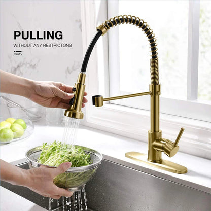 Single-Handle Contemporary Commercial Kitchen Tap Fast Delivery Brass Faucet Gold Metal Finish Ceramic Sink Faucet Spray Pull 1