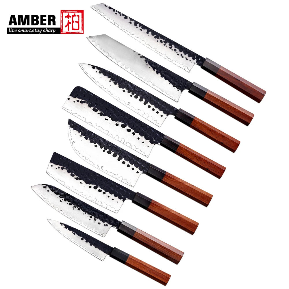Custom logo 8 Pcs Black Blade Wooden Handle Meat Fruit Carving Chef Knife Set High Carbon Stainless Steel Knife Set for Kitchen