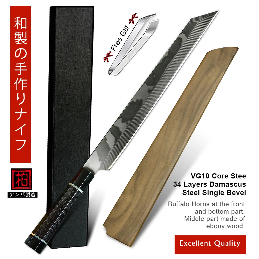 Masterpiece 34layers Single Bevel 10Cr15CoMoV Damascus Steel Kitchen Honyaki Sushi Filleting Sashimi Salmon Japanese Knife