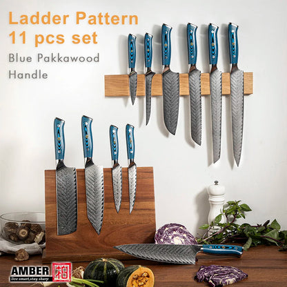 Amber Blue Pakkawood Handle Professional Japanese Damascus Chef Knife Santoku Knife
