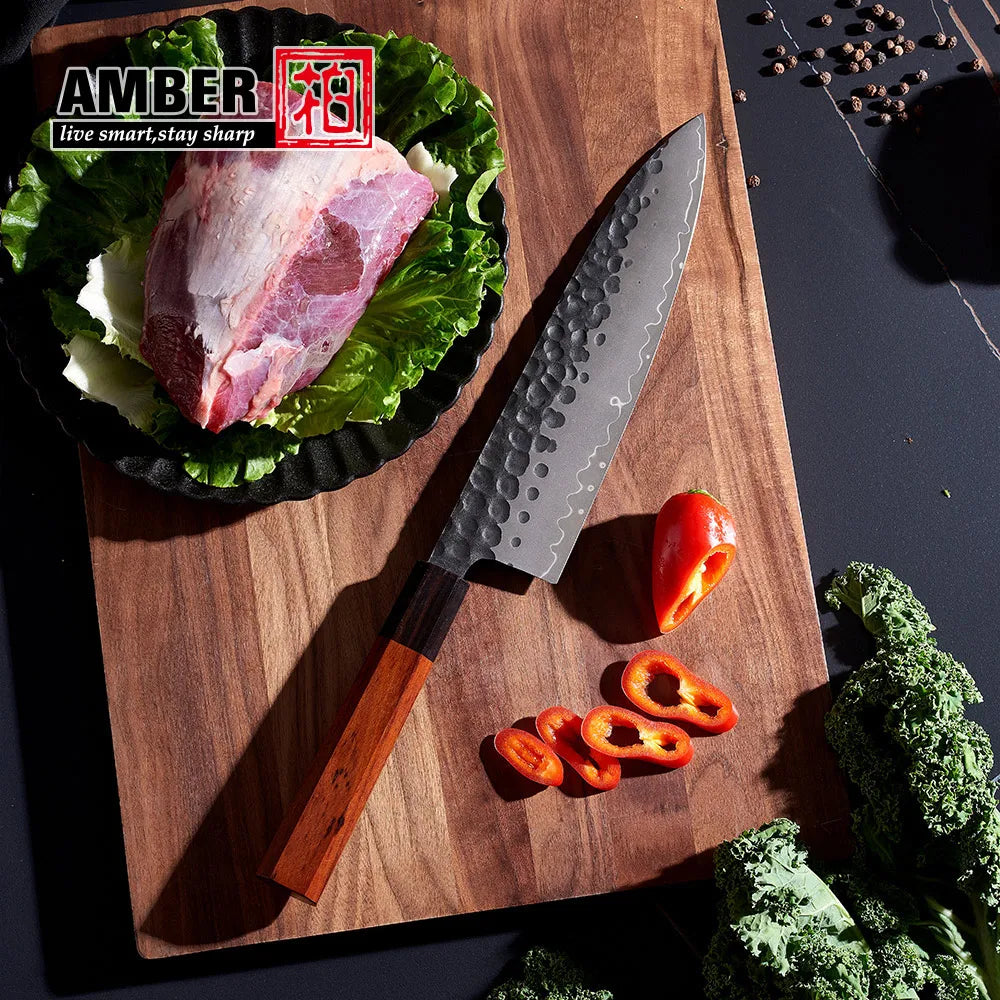 Amber Black Hammered Blade High-end Japanese Knife Aus10 High Carbon Steel Hand Forged Chef Knife with Wood Handle