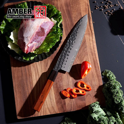 Amber Black Hammered Blade High-end Japanese Knife Aus10 High Carbon Steel Hand Forged Chef Knife with Wood Handle