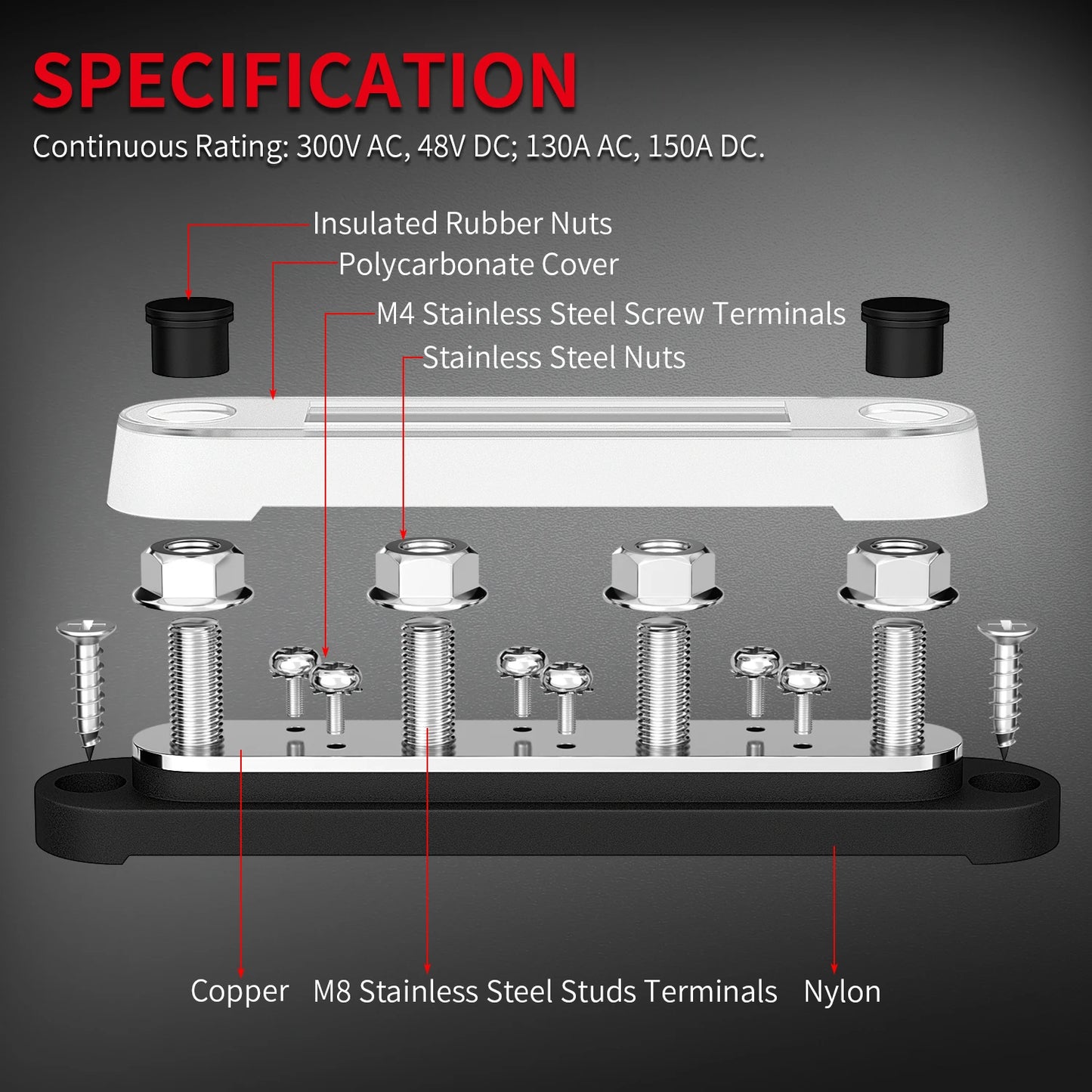 Daiertek Terminal Block 4 X M8 Terminal 6 X M4 Terminal 4 Stud Power Distribution Busbar Tinned Copper Bus Bar for Car Marine
