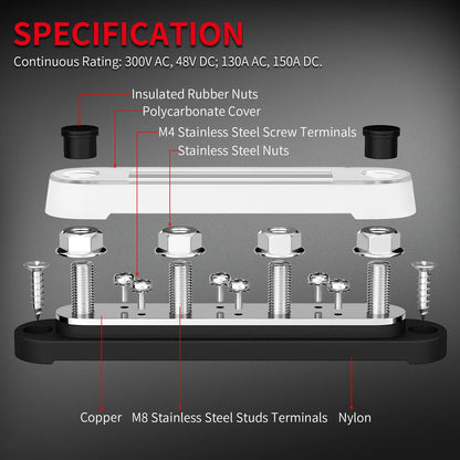 Daiertek Terminal Block 4 X M8 Terminal 6 X M4 Terminal 4 Stud Power Distribution Busbar Tinned Copper Bus Bar for Car Marine