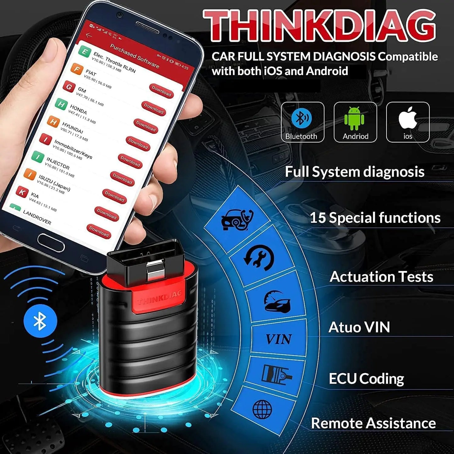 2025 Thinkdiag Hot Version Full System All Car 16 Reset Service OBD2 Diagnostic Tool ECU Coding Active Test 1 Year Free