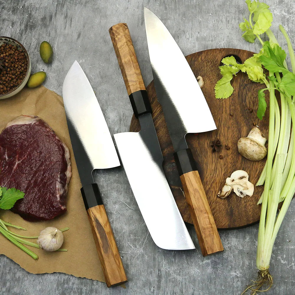 Yang Jiang Stainless Steel Knife 440c 9 Pcs Knives Set with Premium Nautral Olive Wood Handle