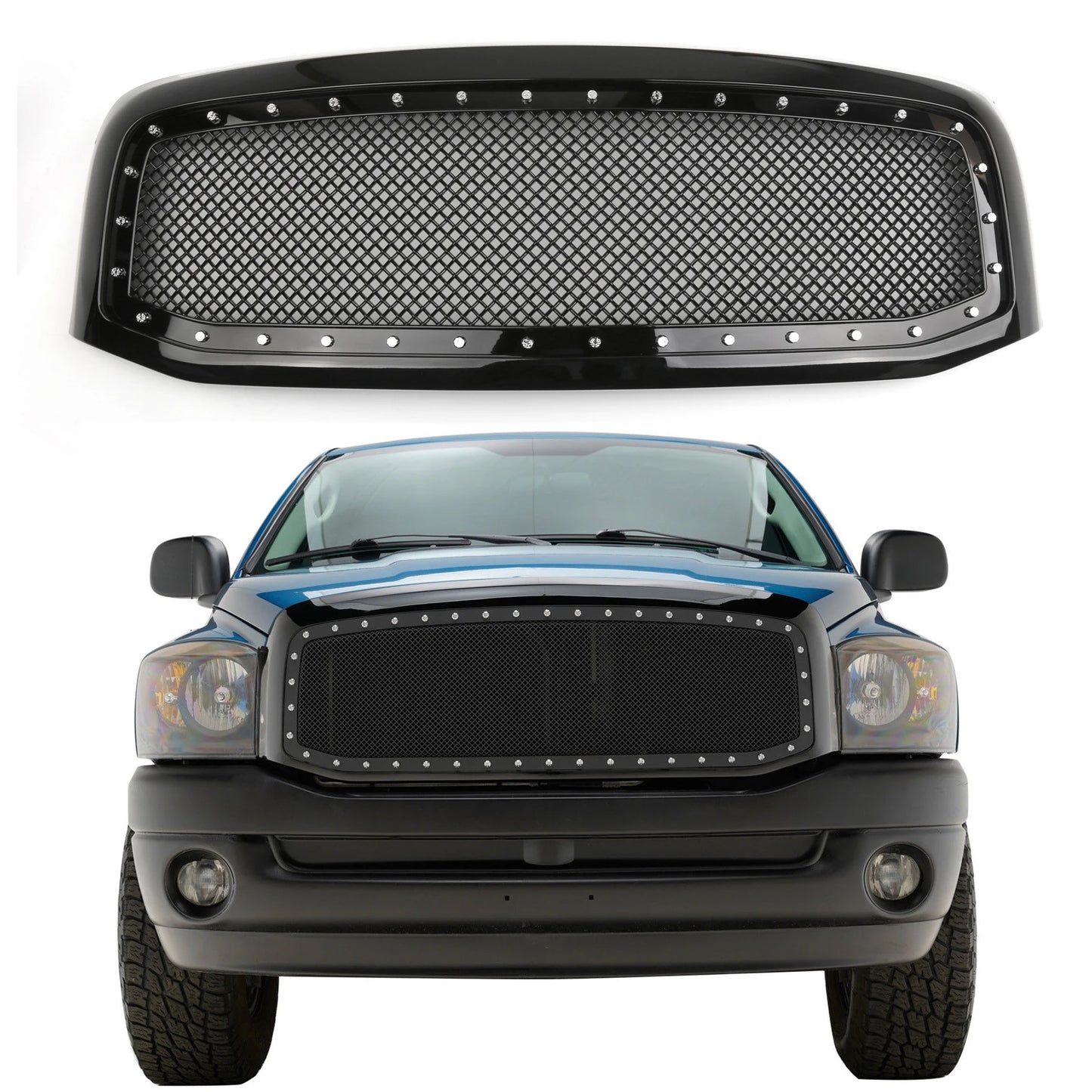 Areyourshop Black Mesh Style Front Hood Grille W/Chrome Rivet for Ram 1500/2500/3500 2006-2008 Models