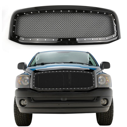 Areyourshop Black Mesh Style Front Hood Grille W/Chrome Rivet for Ram 1500/2500/3500 2006-2008 Models