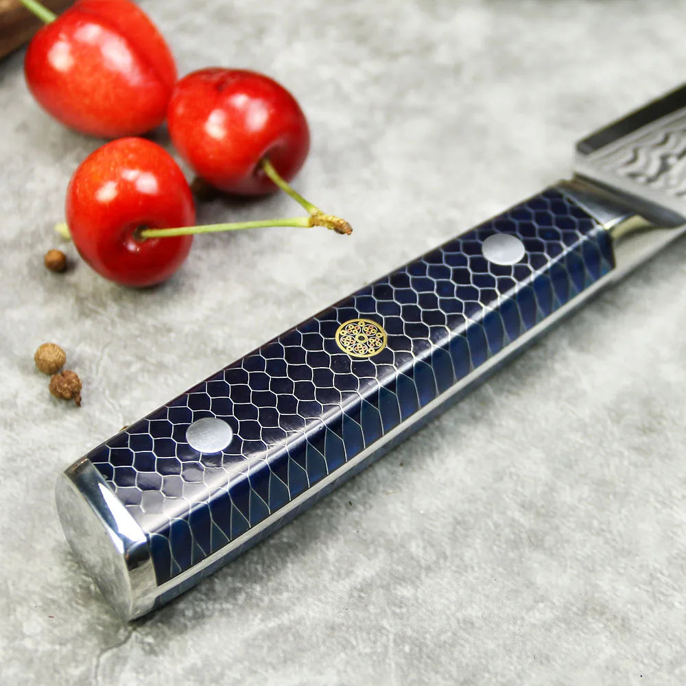 Amber 5 Inch Alligator Pattern AUS10V Damascus Steel Utility Knife with Honey Comb OliveWood Handle