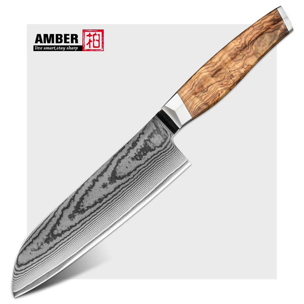 Amber Olive Wood Handle 7inch Santoku Japanese Knife Damascus Santoku Knife Chef Knife Santoku