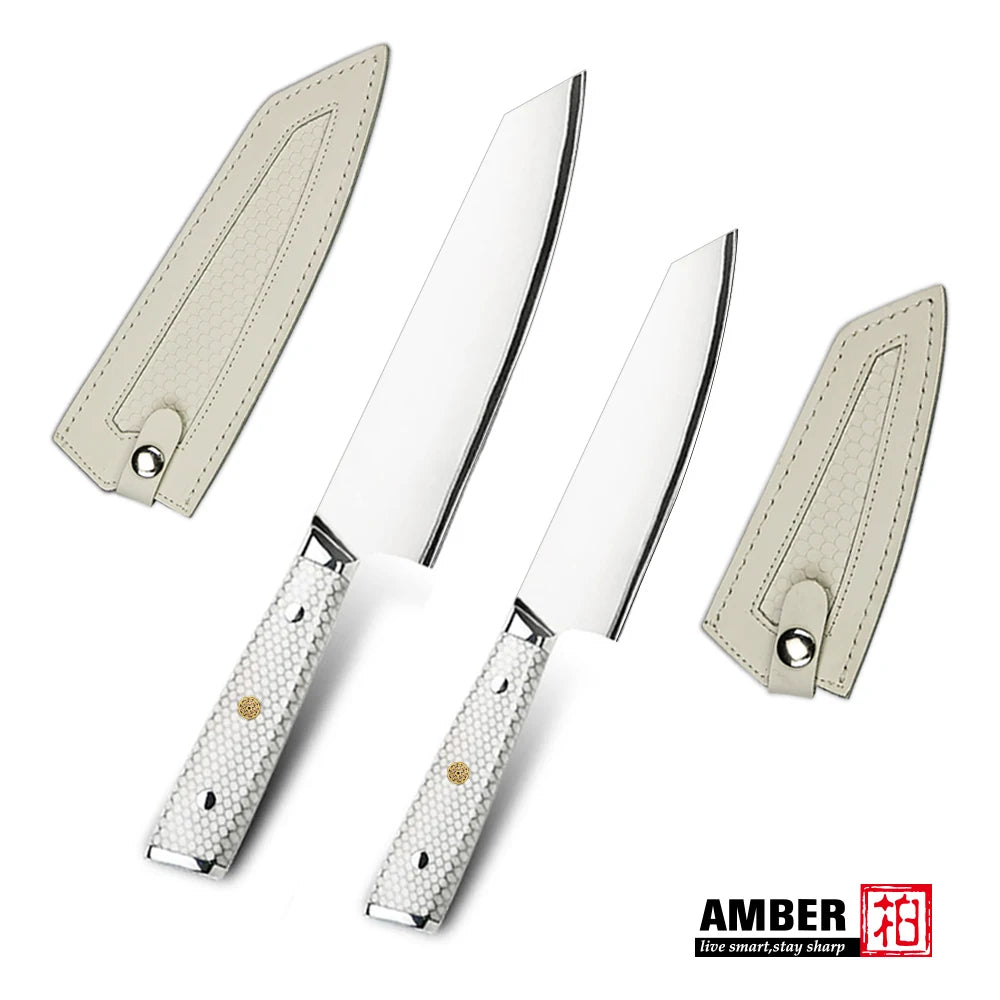 7 Layer Steel Damascus 10Cr15MoV Kitchen Knife Set with White Honey Comb Resin Full Tang