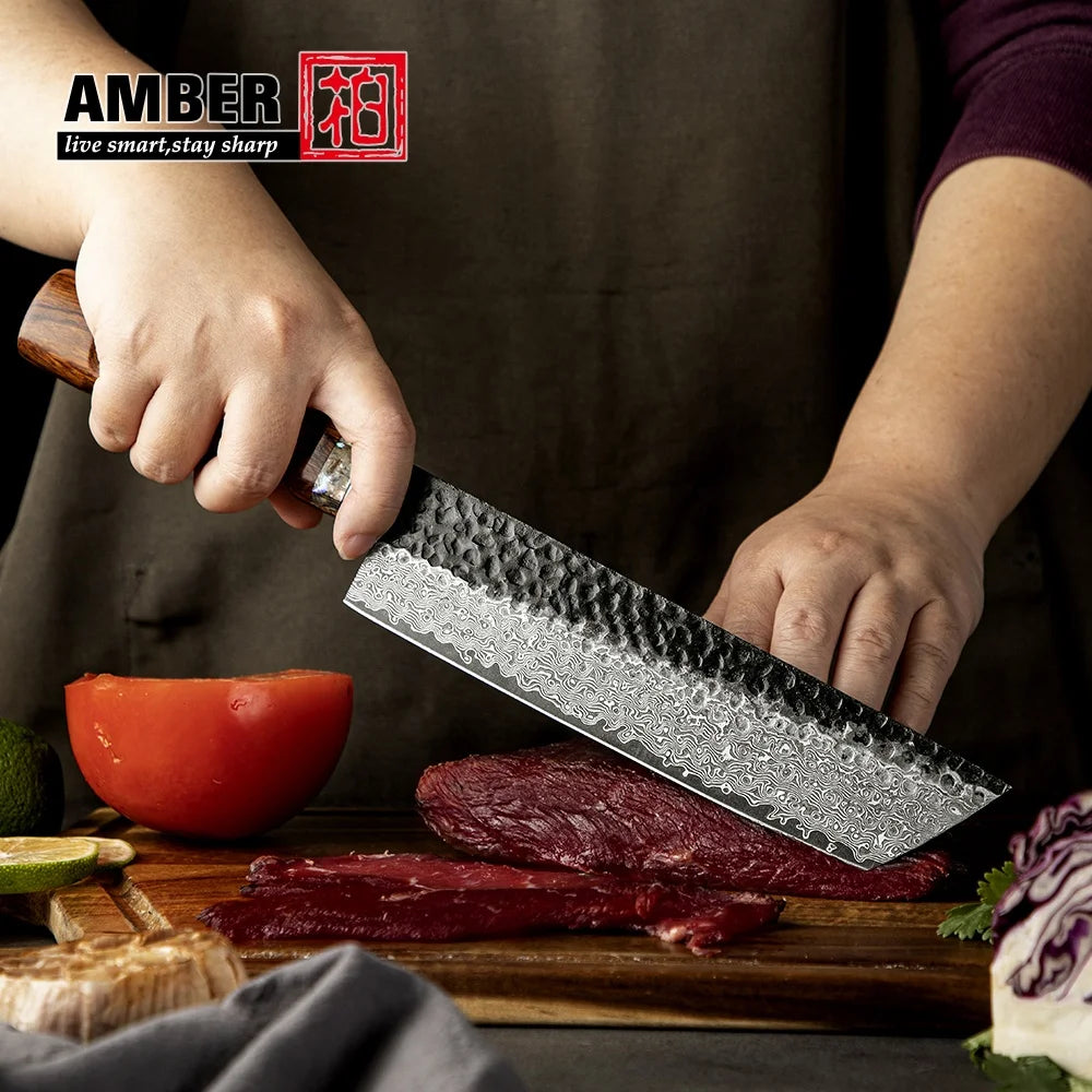 Amber Handcrafted 89 Layers Damascus Forged Blade Japanese Nakiri Knife Brass USA Desert Ironwood Handle