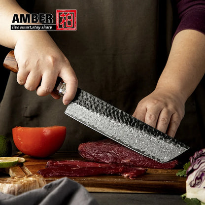 Amber Handcrafted 89 Layers Damascus Forged Blade Japanese Nakiri Knife Brass USA Desert Ironwood Handle