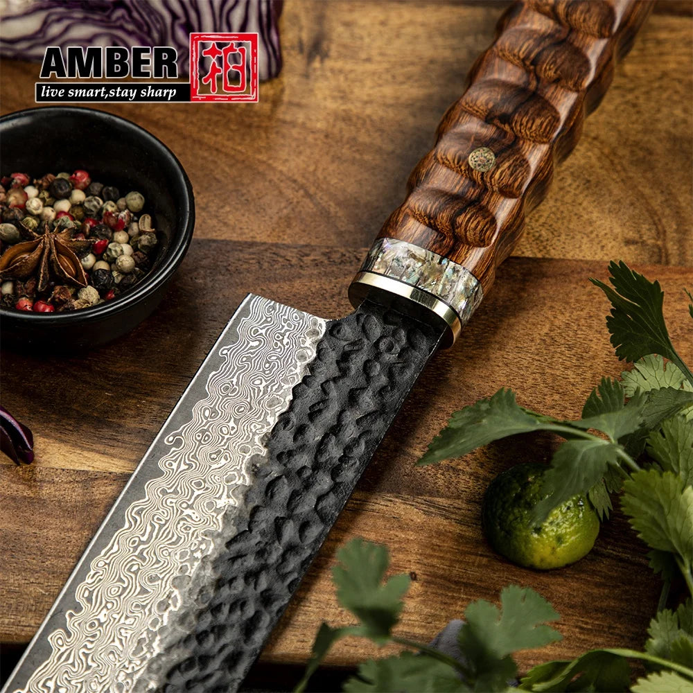 Amber Handcrafted 89 Layers Damascus Forged Blade Japanese Nakiri Knife Brass USA Desert Ironwood Handle