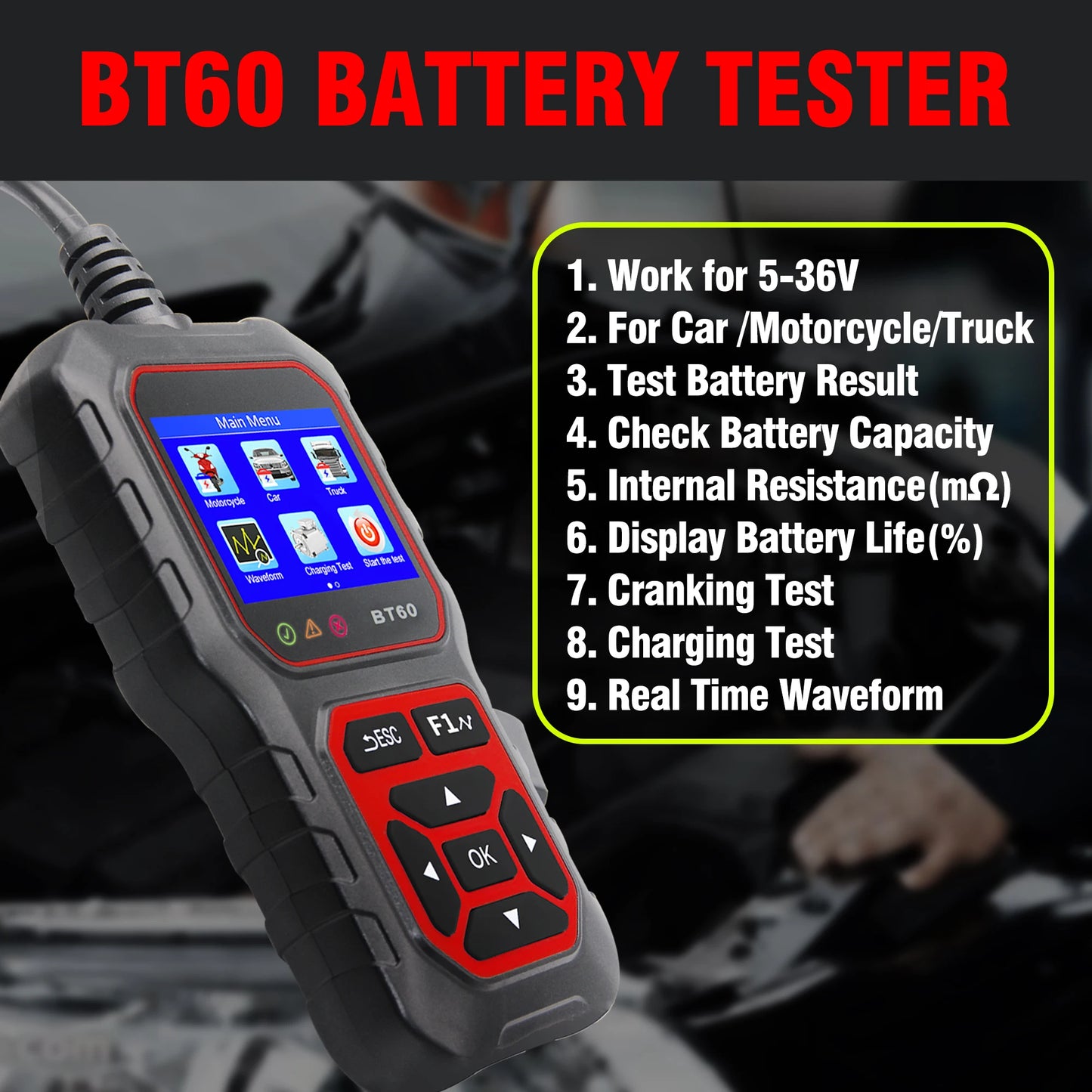 12V/24V BT60 Automotive Battery Tester Digital Auto Battery Analyzer for Car Truck Vehicle RV