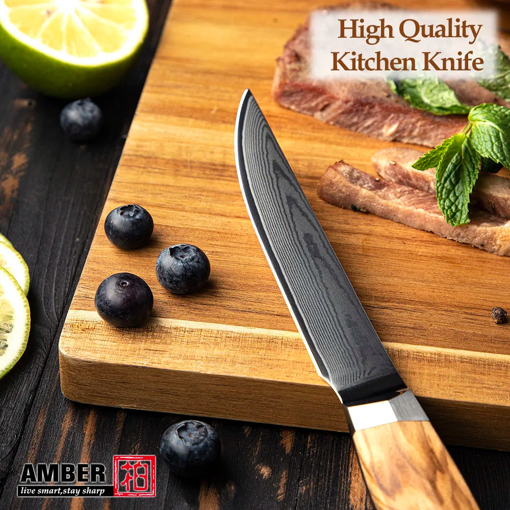 Amber Olive Wood Handle 6inch Professional Kitchen Knife Set Damascus Knife Set Steak Knife Set with Box
