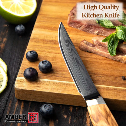 Amber Olive Wood Handle 6inch Professional Kitchen Knife Set Damascus Knife Set Steak Knife Set with Box