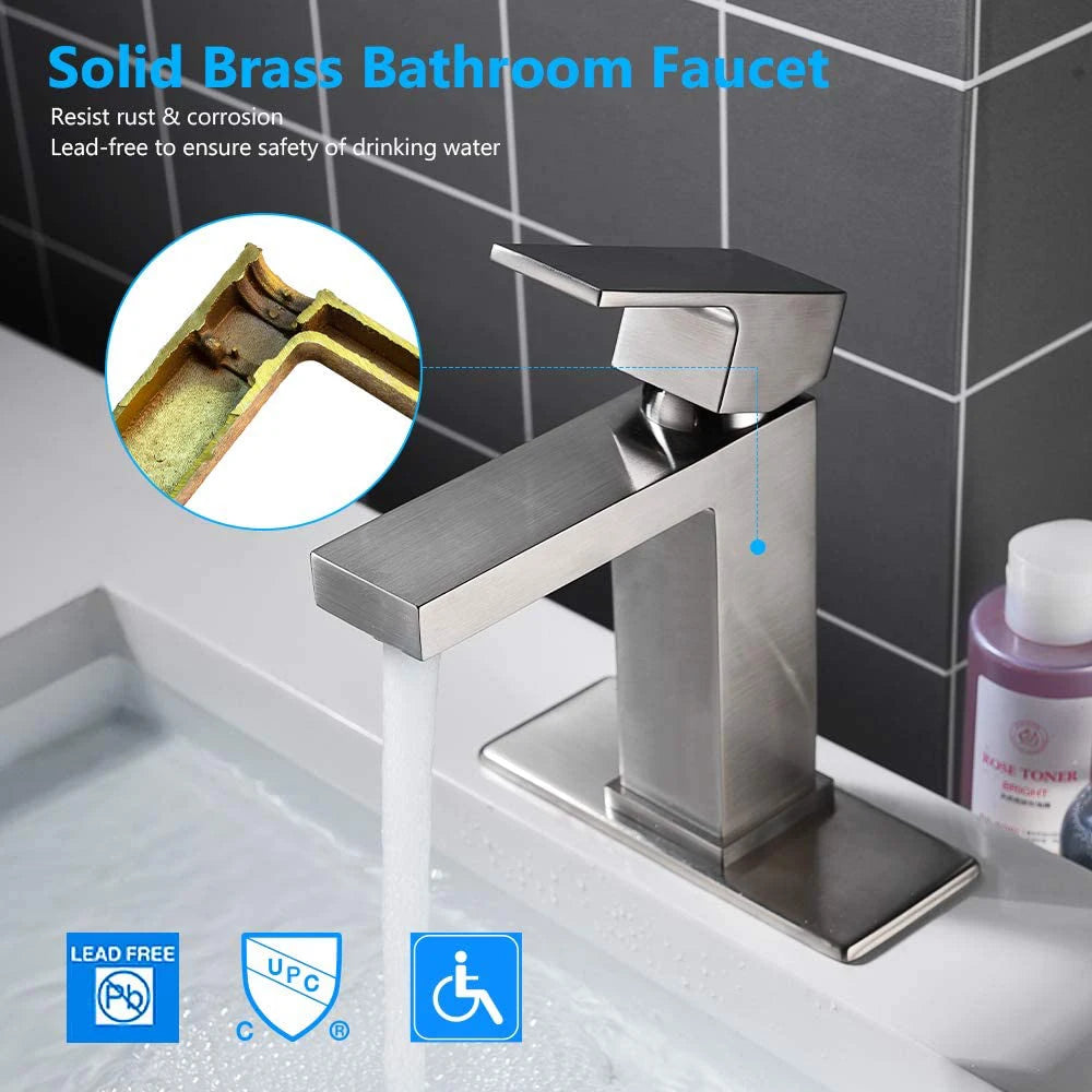 Aquacubic Bathroom Brushed Nickel Solid Brass CUPC UPC Single Hole Washroom Lavatory Basin Faucet for Stocks in USA