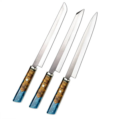 3 Pcs High Carbon Steel 9CR14MOV Damascus Steel Kitchen Knife Set with Resin Burl Handle