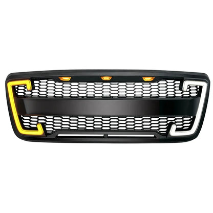 US Stock Raptor Style Mesh Grille W/DRL & Turn Signal Lights for 2004-2008 Ford F150 - Matte Black