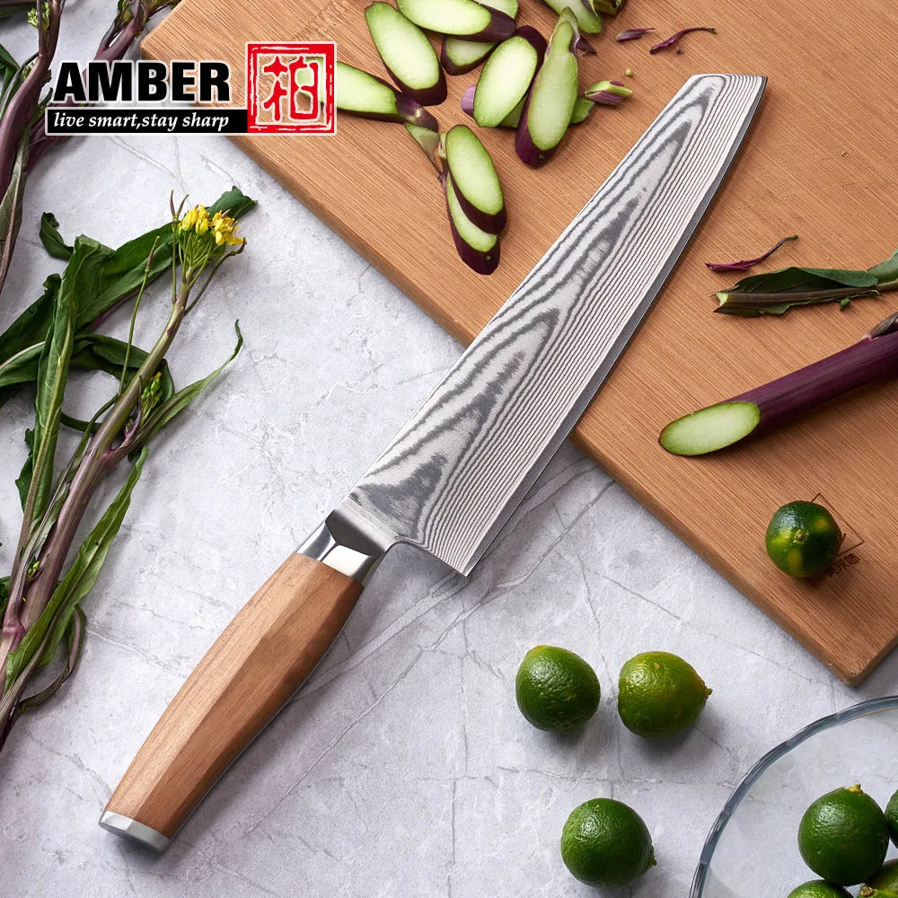 Amber Olive Wood Handle 67layers Damascus Kitchen Knife Damascus Chef Knife Vg10 Damascus Knife