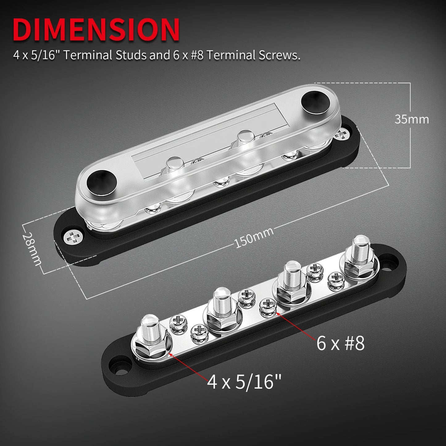 Daiertek Tinned Copper Bus Bar Power Distribution Busbar Screw Terminal Block With 4X 5/16Post(M8) 6X 8 Screw