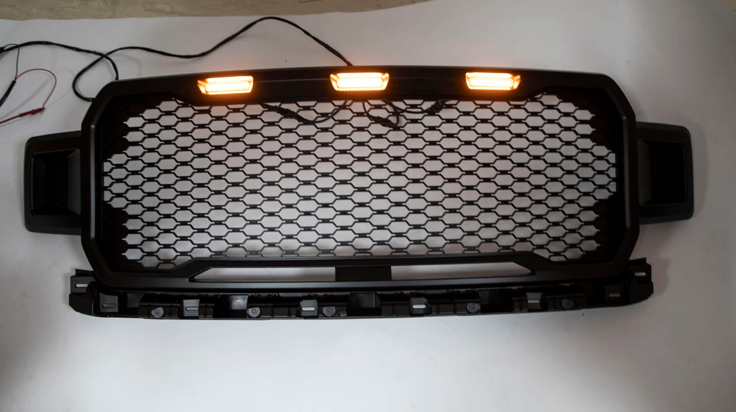 Raptor Style Black Amber LED Light Grill Grille Honeycomb for Ford F150 F-150 2018 2019 2020 With Logo