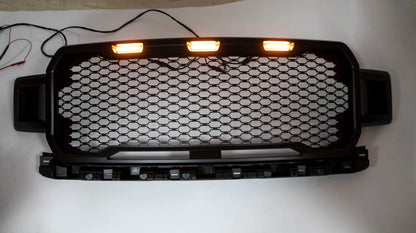 Raptor Style Black Amber LED Light Grill Grille Honeycomb for Ford F150 F-150 2018 2019 2020 With Logo