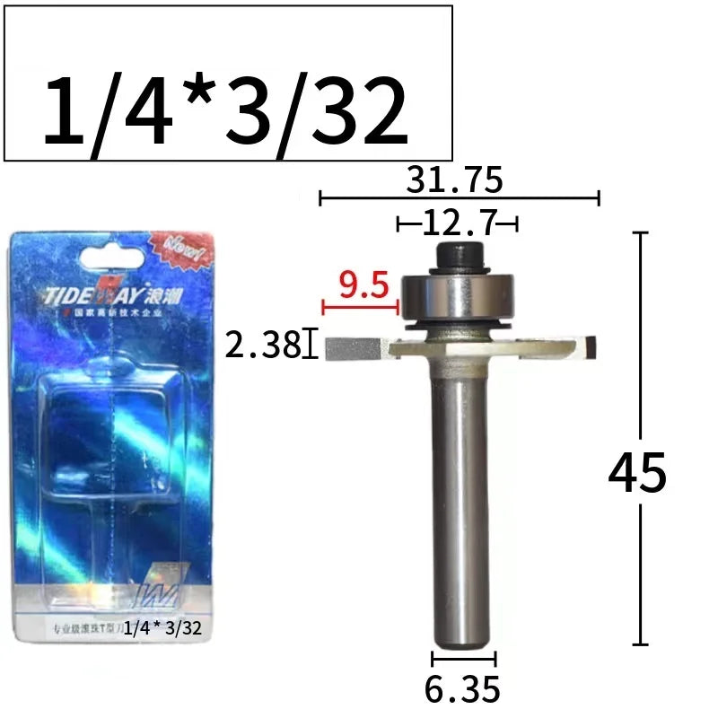 Tideway Professional Grade T Type Slotting Milling Cutter with Bearing for Wood CNC Milling Tool, diameter - shank*blade thickness