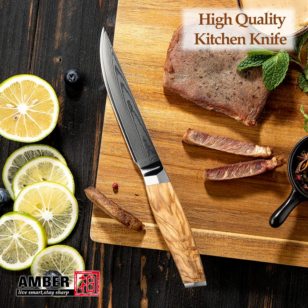 Amber Olive Wood Handle 6inch Professional Kitchen Knife Set Damascus Knife Set Steak Knife Set with Box