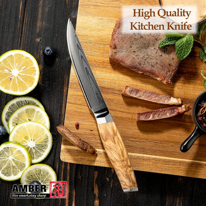 Amber Olive Wood Handle 6inch Professional Kitchen Knife Set Damascus Knife Set Steak Knife Set with Box