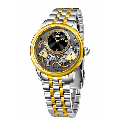 Jazz Double Tourbillon Diamond Automatic Mechanical Watch with Stainless Steel Band