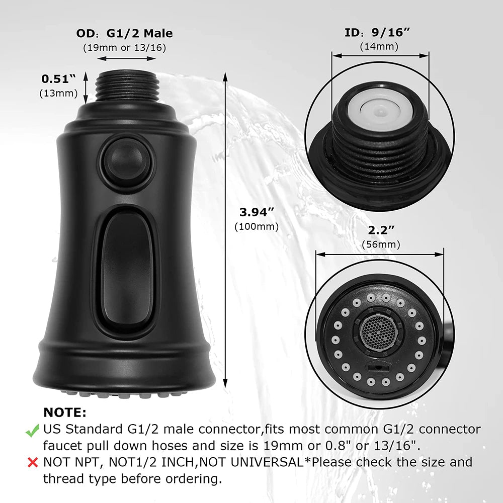USA Stock Matte Black 3 Modes Kitchen Sink Faucet Sprayer Attachment Pull Out Spray Head Replacement for G1/2 Connector