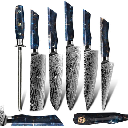Color Resin Handle 73 Layers Japanese AUS 10 Chef Knife Set Damascus Steel Kitchen Knife Set