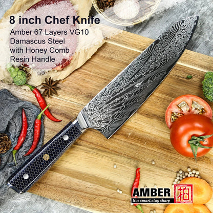 YANGJANG AMBER Premium Honey Comb Resin Handle Damascus Steel Vg10 Japanese Knife Sets, kitchen knife size - 8 Inch