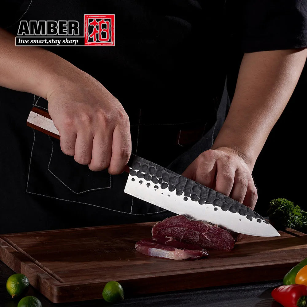 Custom logo 8 Pcs Black Blade Wooden Handle Meat Fruit Carving Chef Knife Set High Carbon Stainless Steel Knife Set for Kitchen