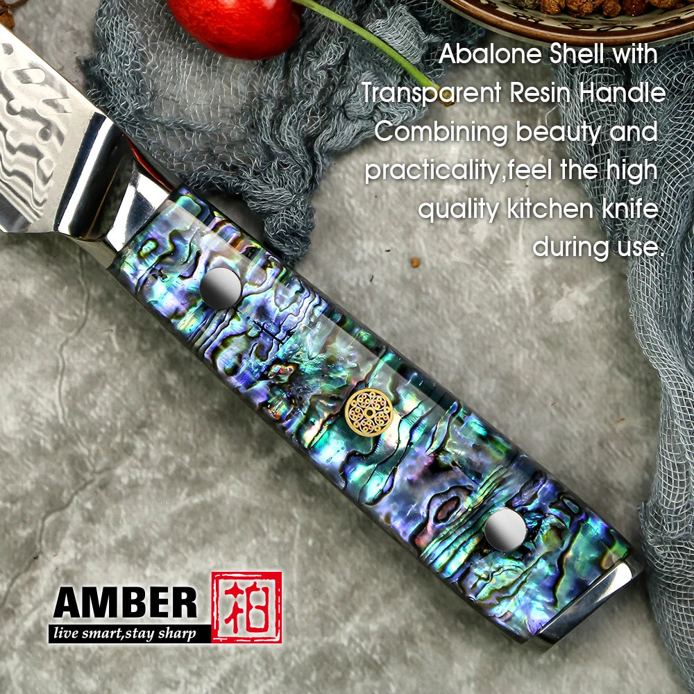 Amber 5 Inch Damascus 45 Layers Utility Knife with Abalone Handle
