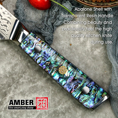 Amber 5 Inch Damascus 45 Layers Utility Knife with Abalone Handle