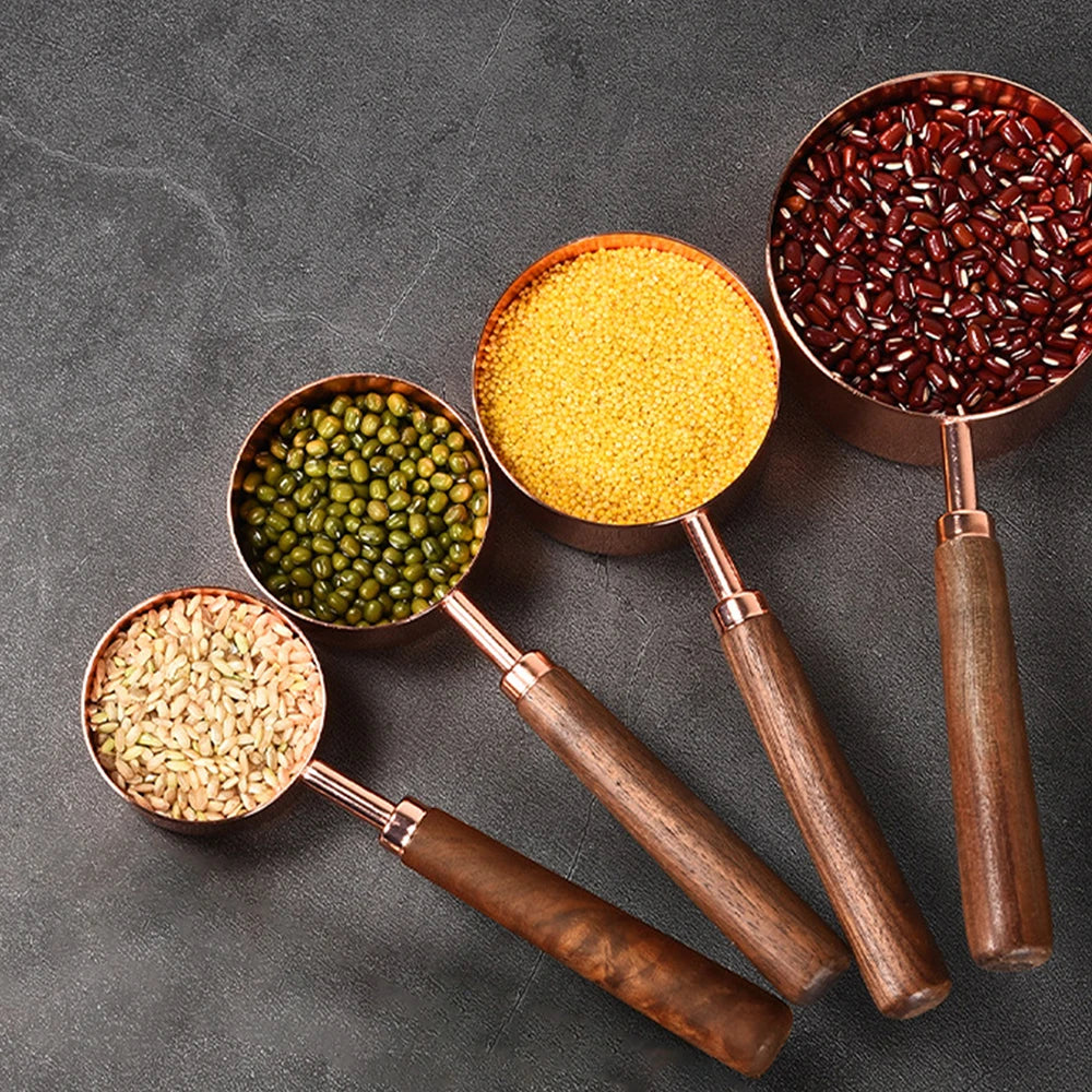 Kitchen Measuring Tools Cutlery Set Rose Gold Wooden Handle Stainless Steel Measuring Cups and Spoons Set