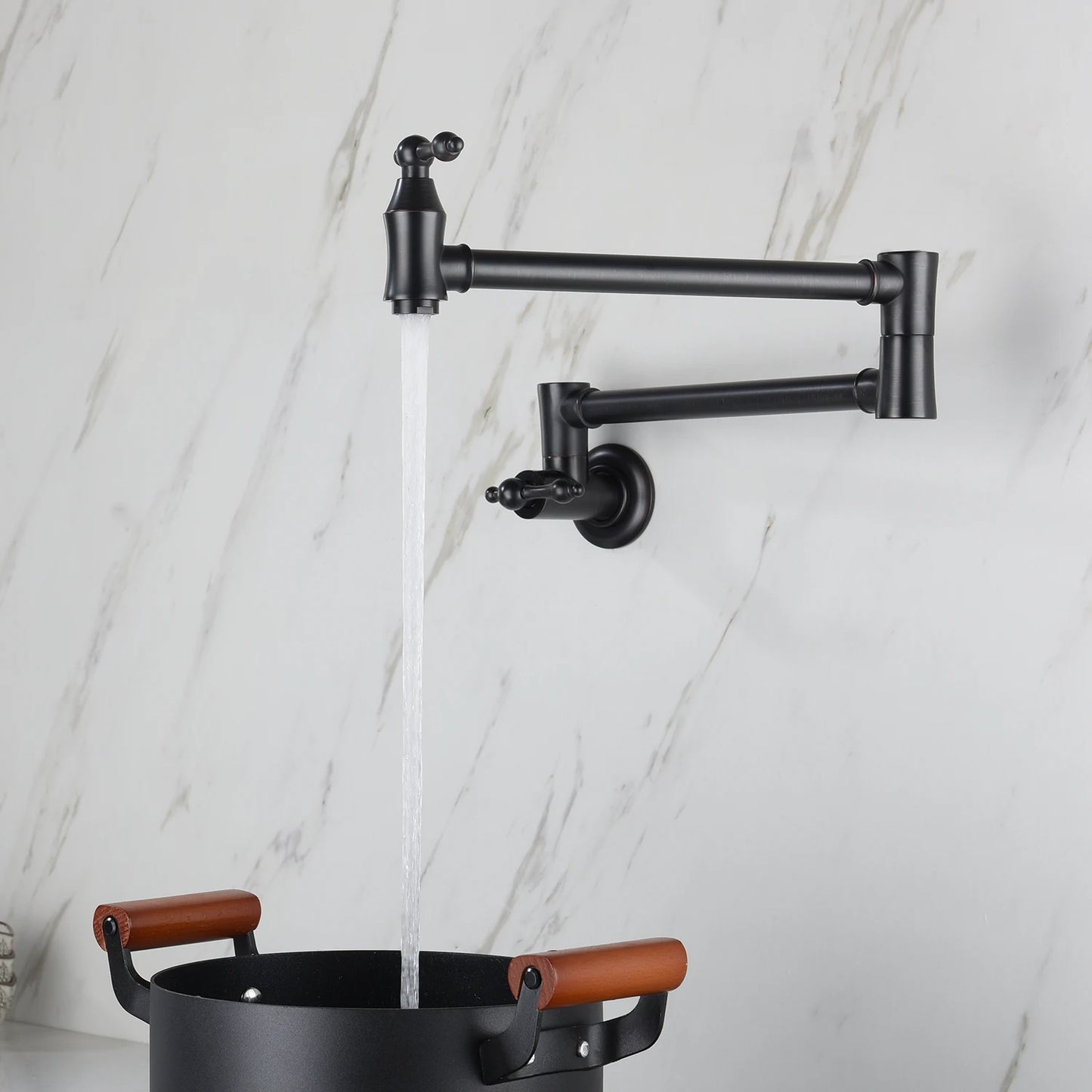 American Style Modern Wall Mounted Kitchen Faucet Black Brass Fold Tap Pot Filler Retractable Folding Contemporary Design