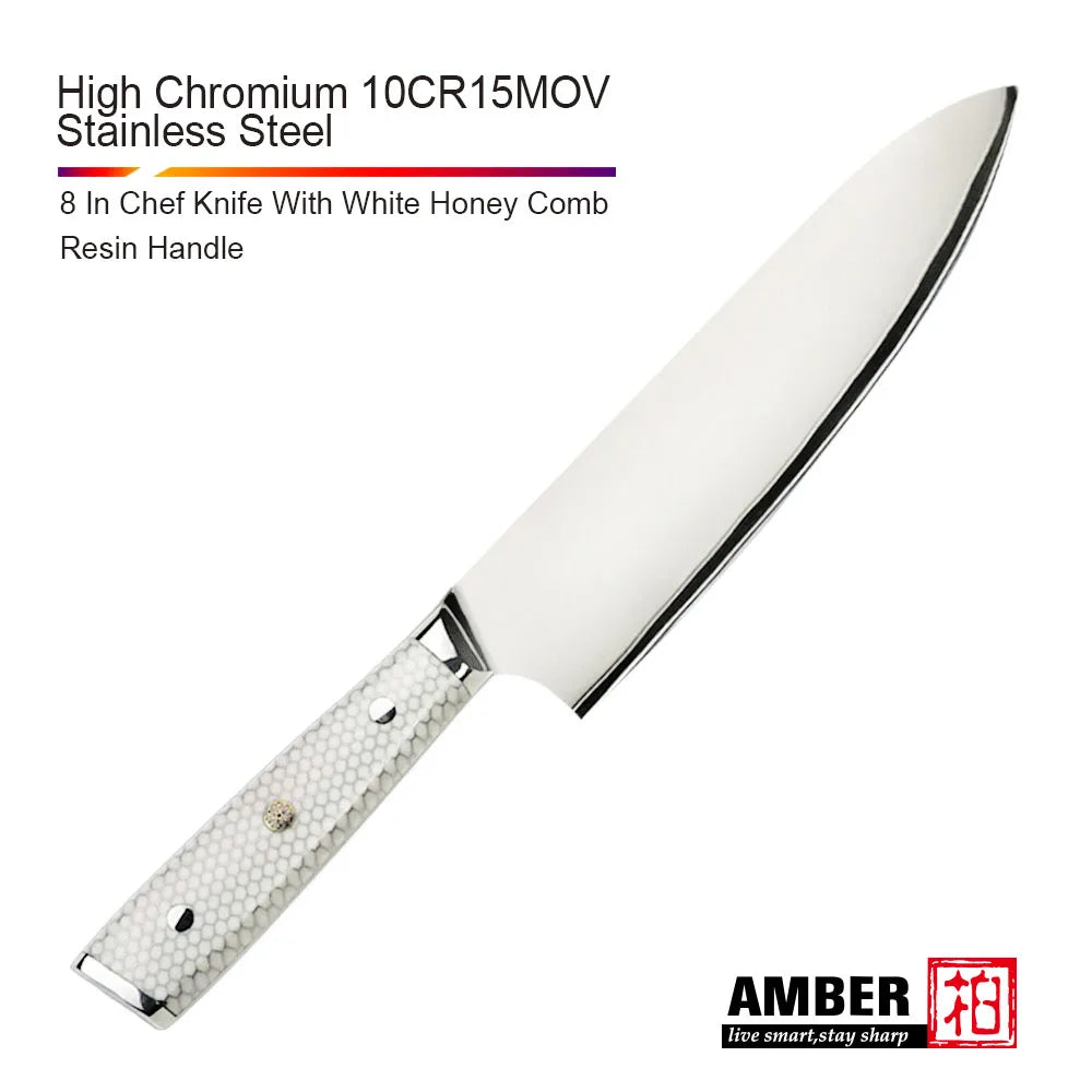 7 Layer Steel Damascus 10Cr15MoV Kitchen Knife Set with White Honey Comb Resin Full Tang