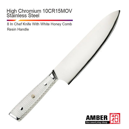 7 Layer Steel Damascus 10Cr15MoV Kitchen Knife Set with White Honey Comb Resin Full Tang