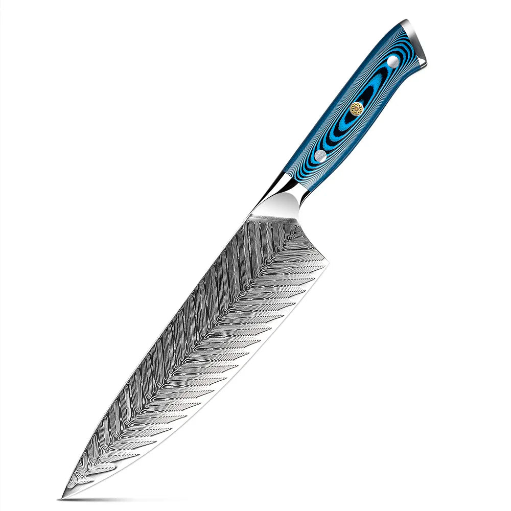 Yangjiang Amber Damascus Kitchen Knife Set with Blue Pakka Belle Wood Handle High Quality Knife Set