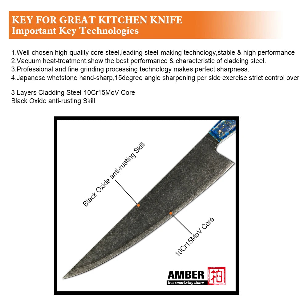 3 Pcs10Cr15MoV 7 Layer Steel Kitchen Knives Set Chef Knife with Full Tang with Resin Handle