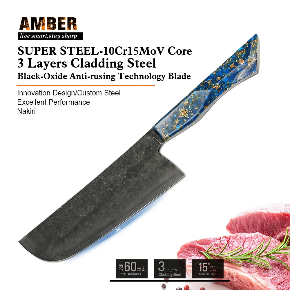 3 Pcs10Cr15MoV 7 Layer Steel Kitchen Knives Set Chef Knife with Full Tang with Resin Handle