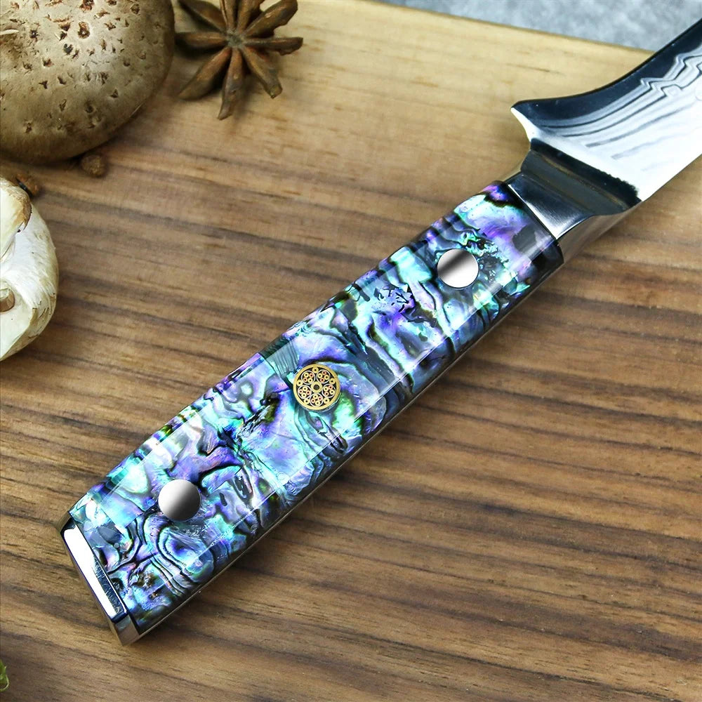 Yangjiang Amber 7 Inch Damascus 45 Layers ultra sharp Boning Fish Knife with Abalone Handle