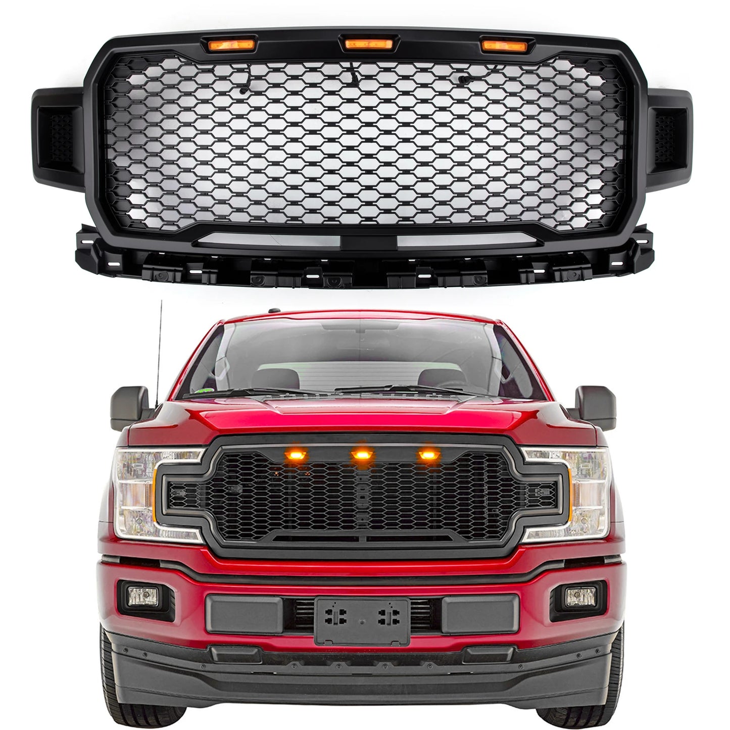 Raptor Style Black Amber LED Light Grill Grille Honeycomb for Ford F150 F-150 2018 2019 2020 With Logo