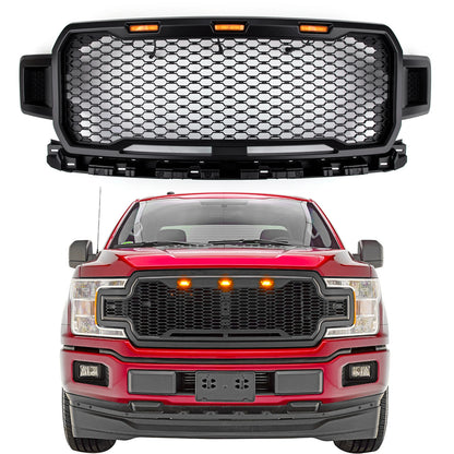 Raptor Style Black Amber LED Light Grill Grille Honeycomb for Ford F150 F-150 2018 2019 2020 With Logo